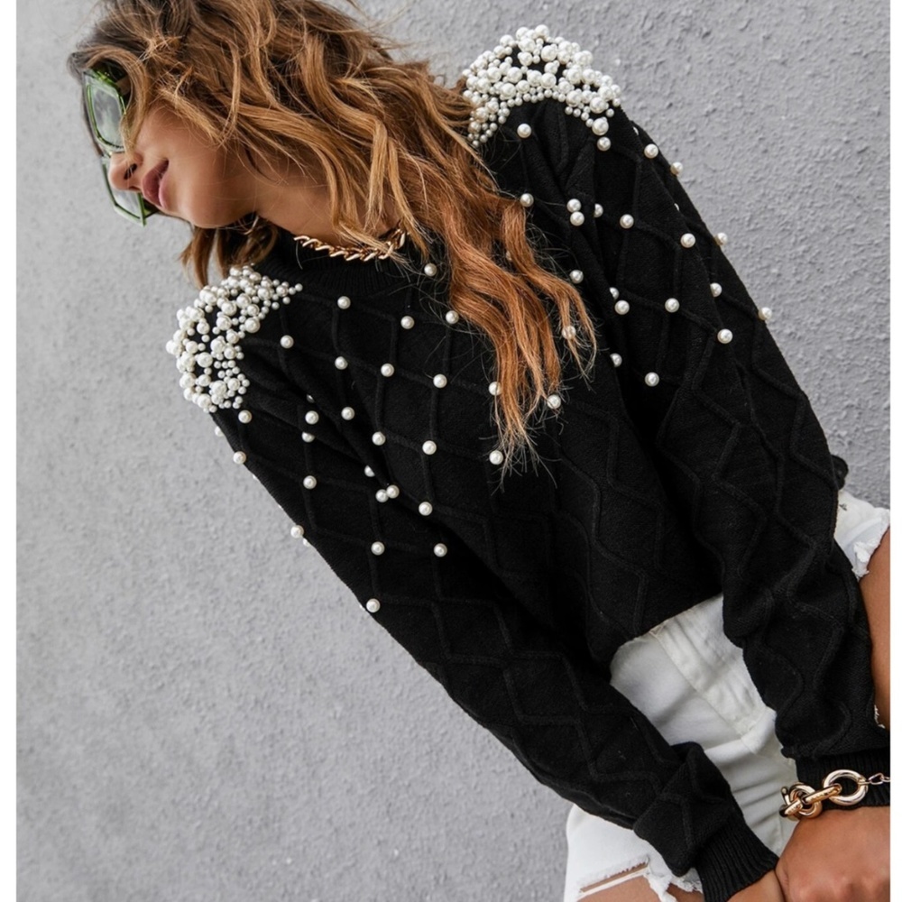 Pearl Embellished Black Knit Textured Sweater